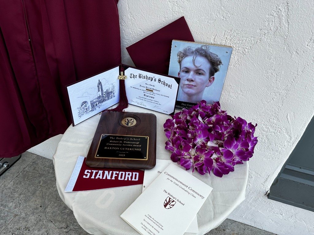 Bishop’s School graduation display with diploma and community service award