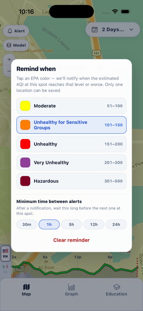 RiseAQI customizable air quality alert settings