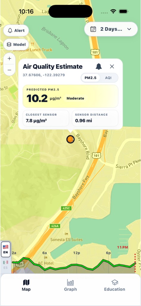 RiseAQI map view with air quality estimate popup